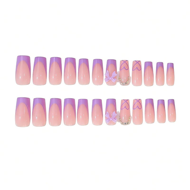 CTTHNBD Medium Press on Nails Coffin - Purple French Tip Fake Nails with Bow Charms Design - Heart False Nails Press ons - for Women 24 Pcs - Image 3